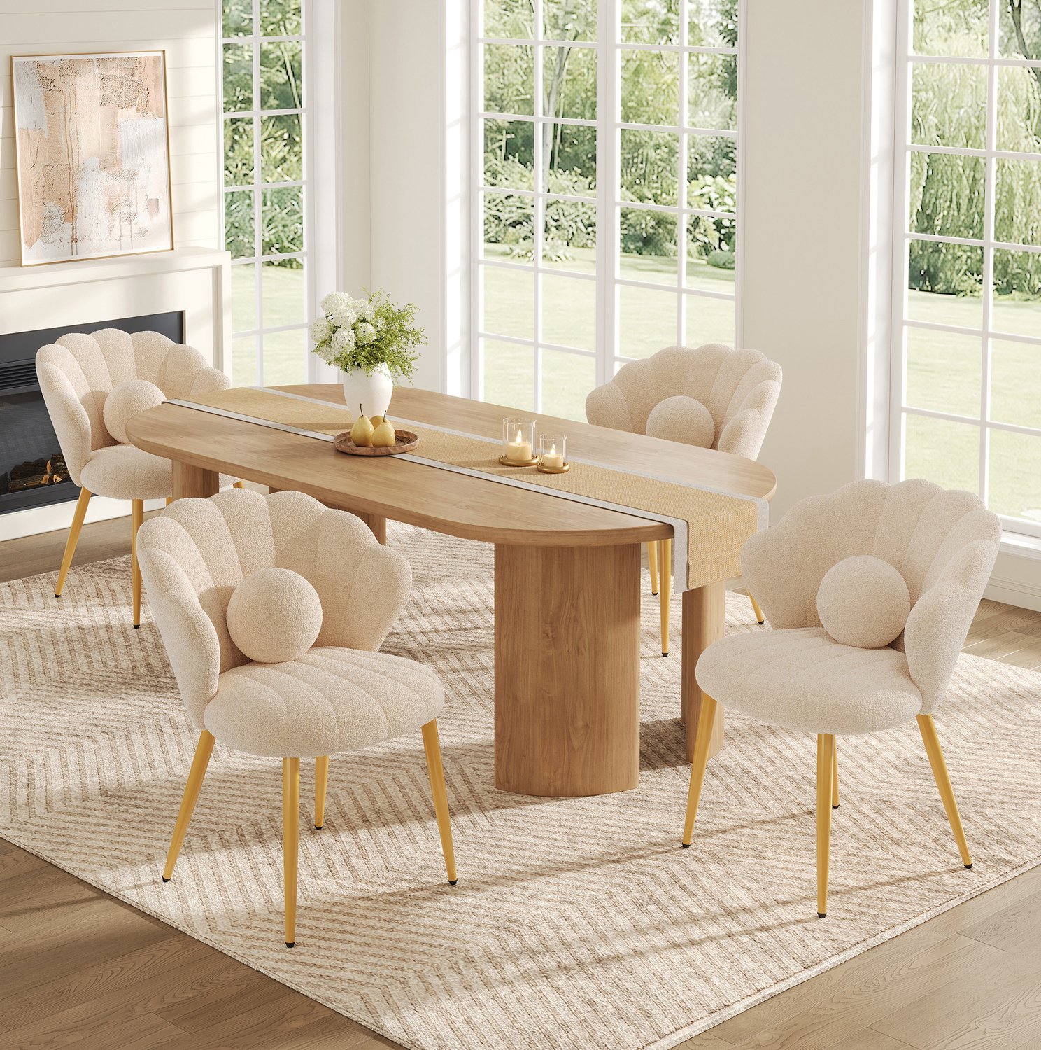 STILVORA Eetkamerstoel - Kuipstoel Set Van 4 - Teddy Stof Met Kussen En Gouden Metalen Poten - Voor Eetkamer En Kaptafel - Beige