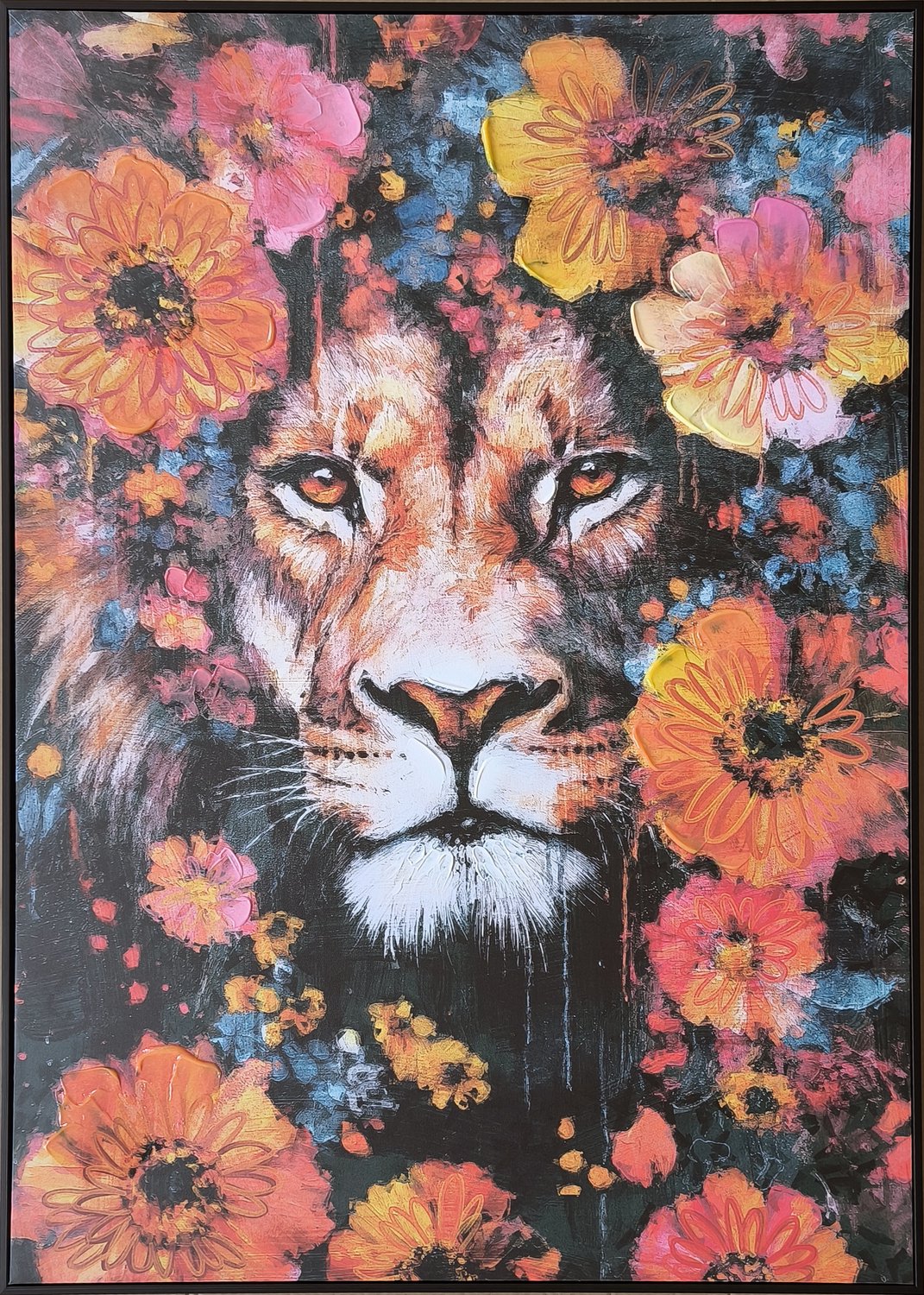 Schilderij leeuw bloemen 60x80cm
