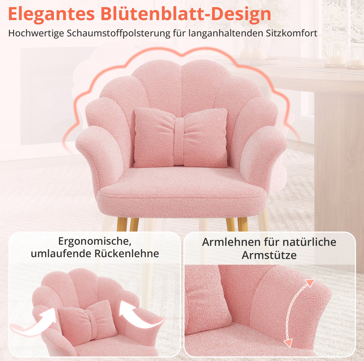 STILVORA Eetkamerstoel 64 x 65,5 x 85 cm - Bloemvorm Met Armleuningen En Gouden Metalen Poten - Eetkamer En Slaapkamer - Teddystof Roze