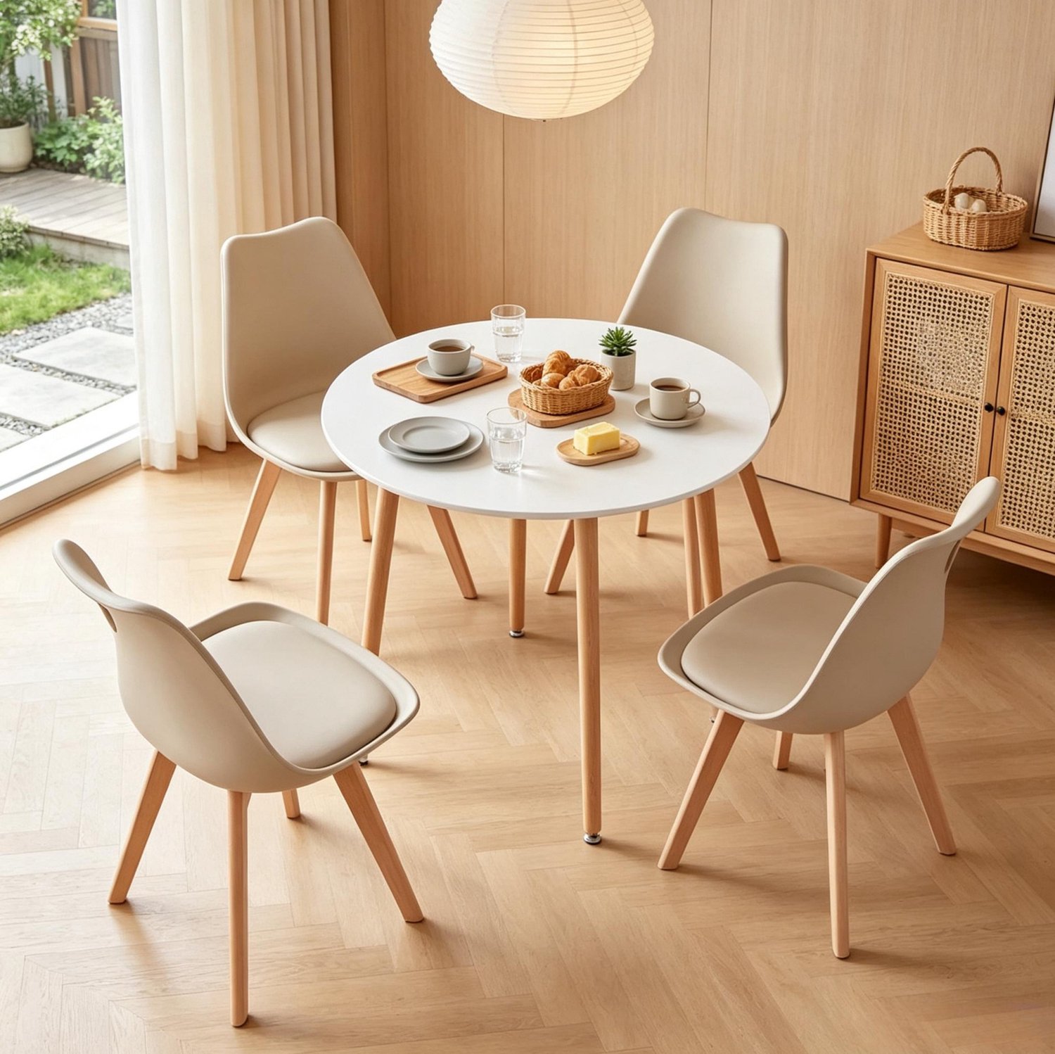 Ronde Eettafel Met 4 Stoelen 80 Cm - Moderne Eetset Voor Keuken, Woonkamer En Restaurant - Hout En Kunststof - Wit En Houtkleur