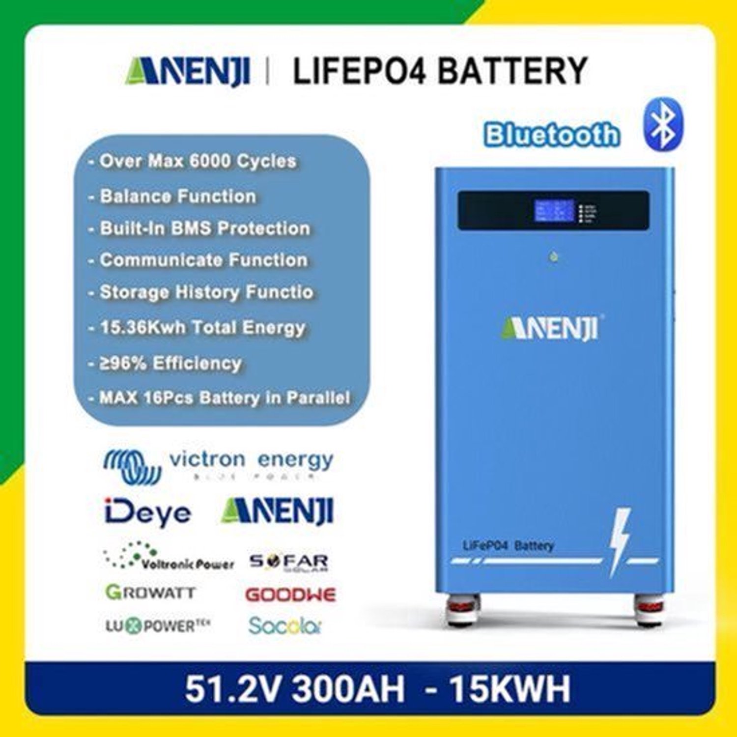 Batterijbox 51.2V 300AH - Lithium IJzerfosfaat Accu - 16 kWh Capaciteit - A+ Kwaliteit - Voor Zonne-energie Opslag
