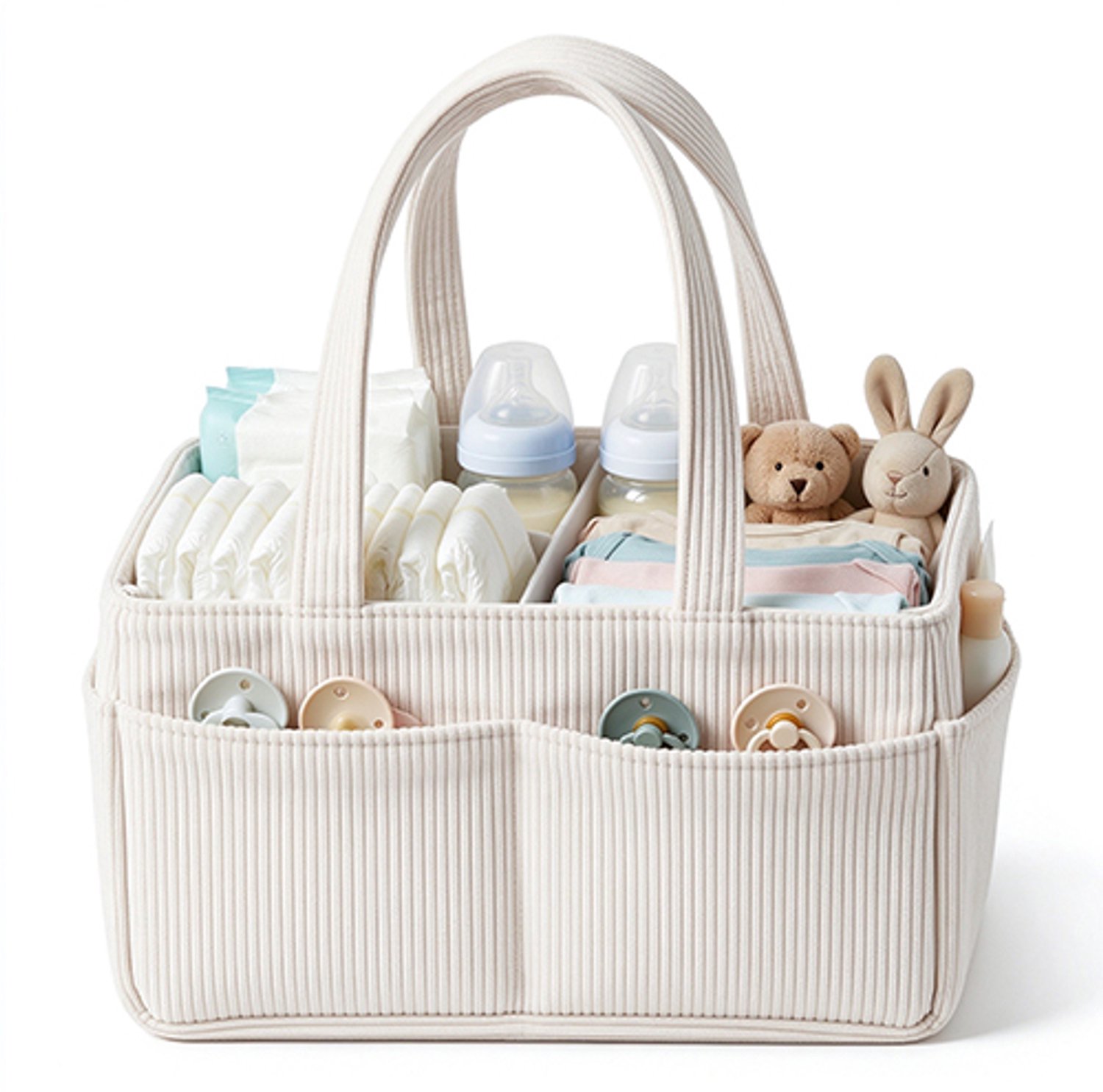 Lifhelpe Opbergmand baby van corduroy - Luier organizer met verdeelvakken en handvatten - Voor luiers en Billendoekjes - Gebroken wit 36x20x18 cm