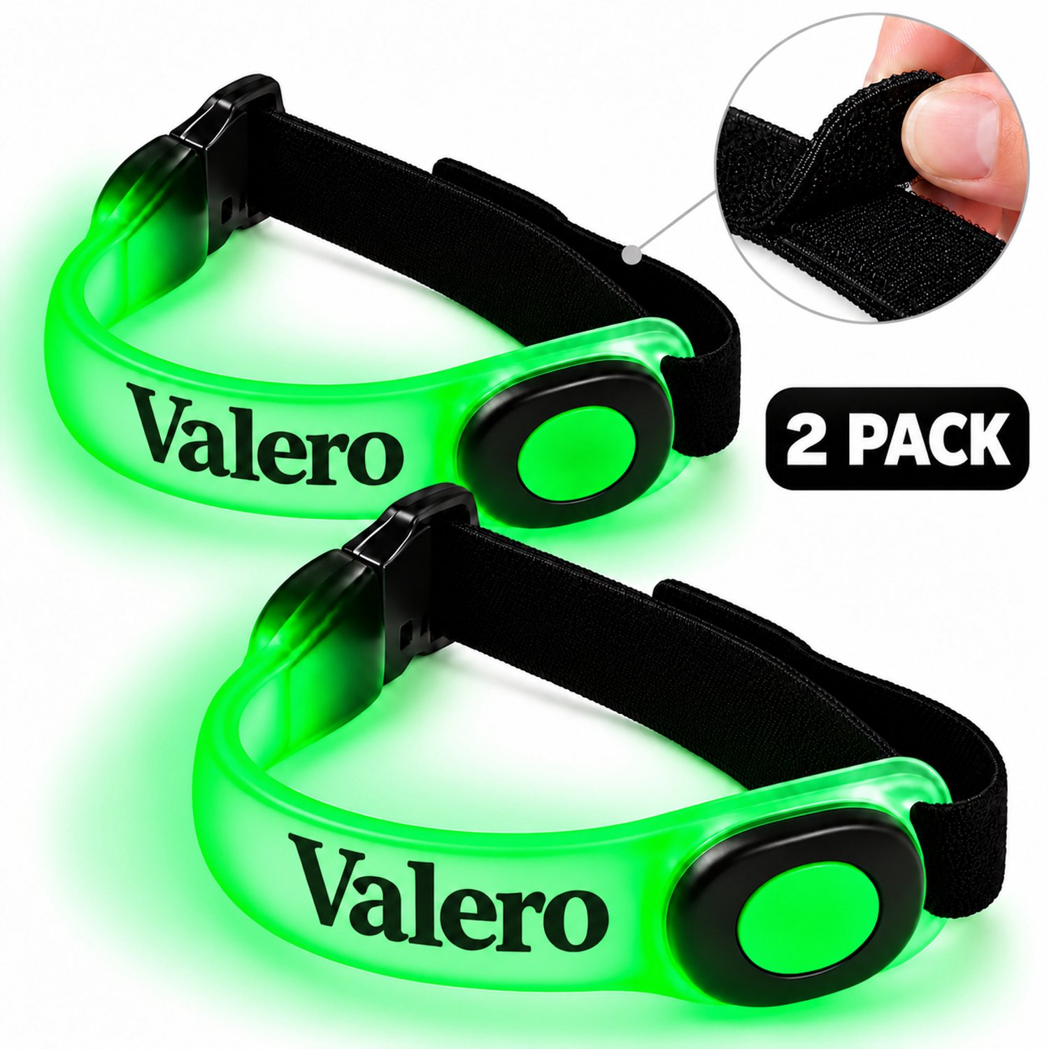 Valero Hardloopverlichting LED-armband 2 stuks (verlengd model) – water- & zweetbestendig hardlooplampje voor arm/been/tas, incl. batterijen – zichtbaar tot 300 m, groen