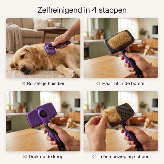 Zelfreinigende slickerborstel in 4 stappen: borstelen, haar opvangen, op de knop drukken en in één beweging schoonmaken.
