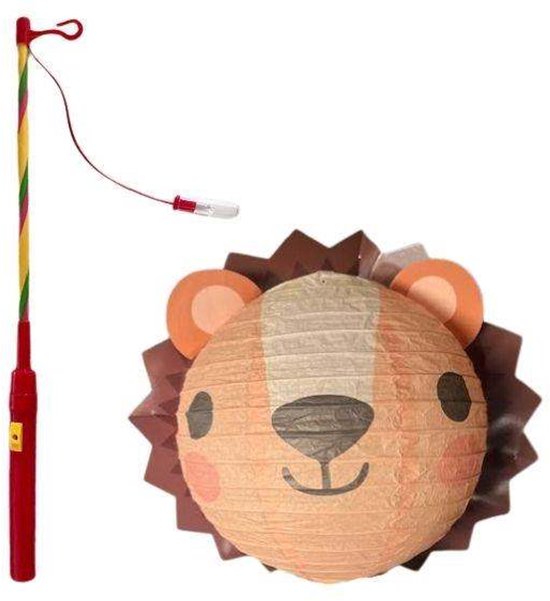 Ronde beige leeuwenlampion met bruine manen en een rode lampionstok met kabel.