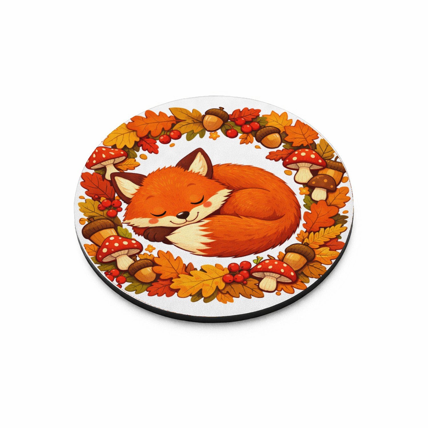 Mr Cadeautjes MDF magnetische fotolijst rond Ø 9,5 - design Slapende vos in herfstbladeren | cadeau Wit
