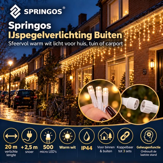 Springos ijspegelverlichting 20m met 500 warm witte micro LED's, koppelbaar en IP44 spatwaterdicht voor binnen en buiten.
