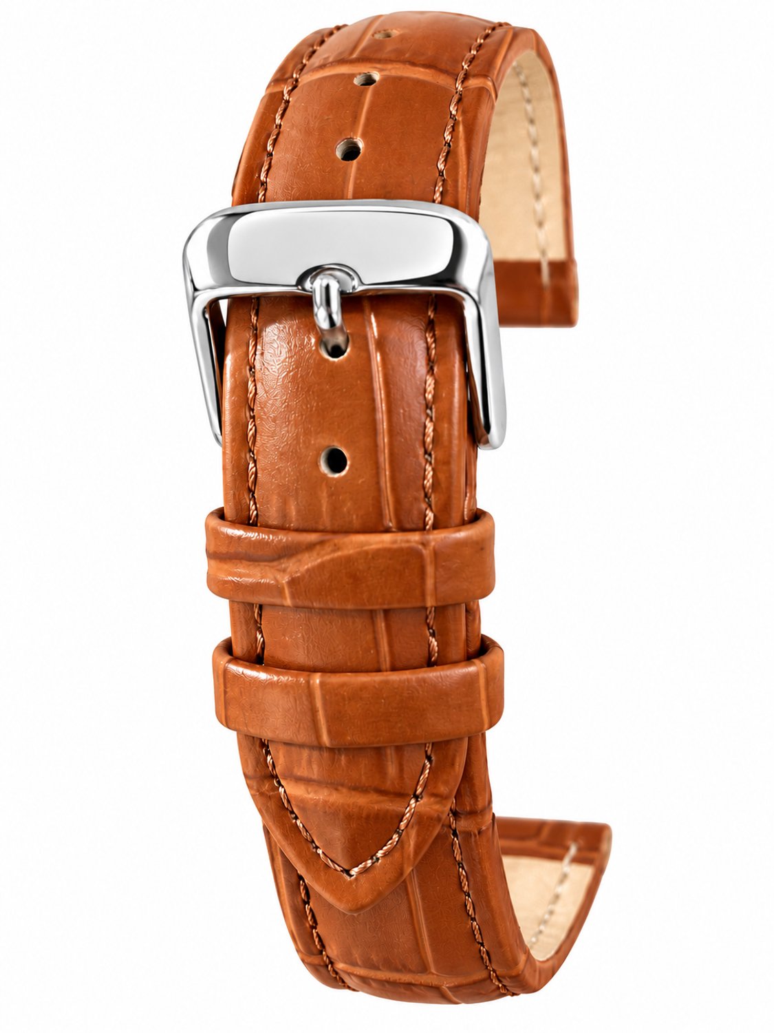 Horlogeband-Horlogebandje-18mm-Bruin-Echt leder-Gevuld-leer-Plat-Zacht-Soepel-Croco Print-Gestikt-Stalen Gesp-18 mm