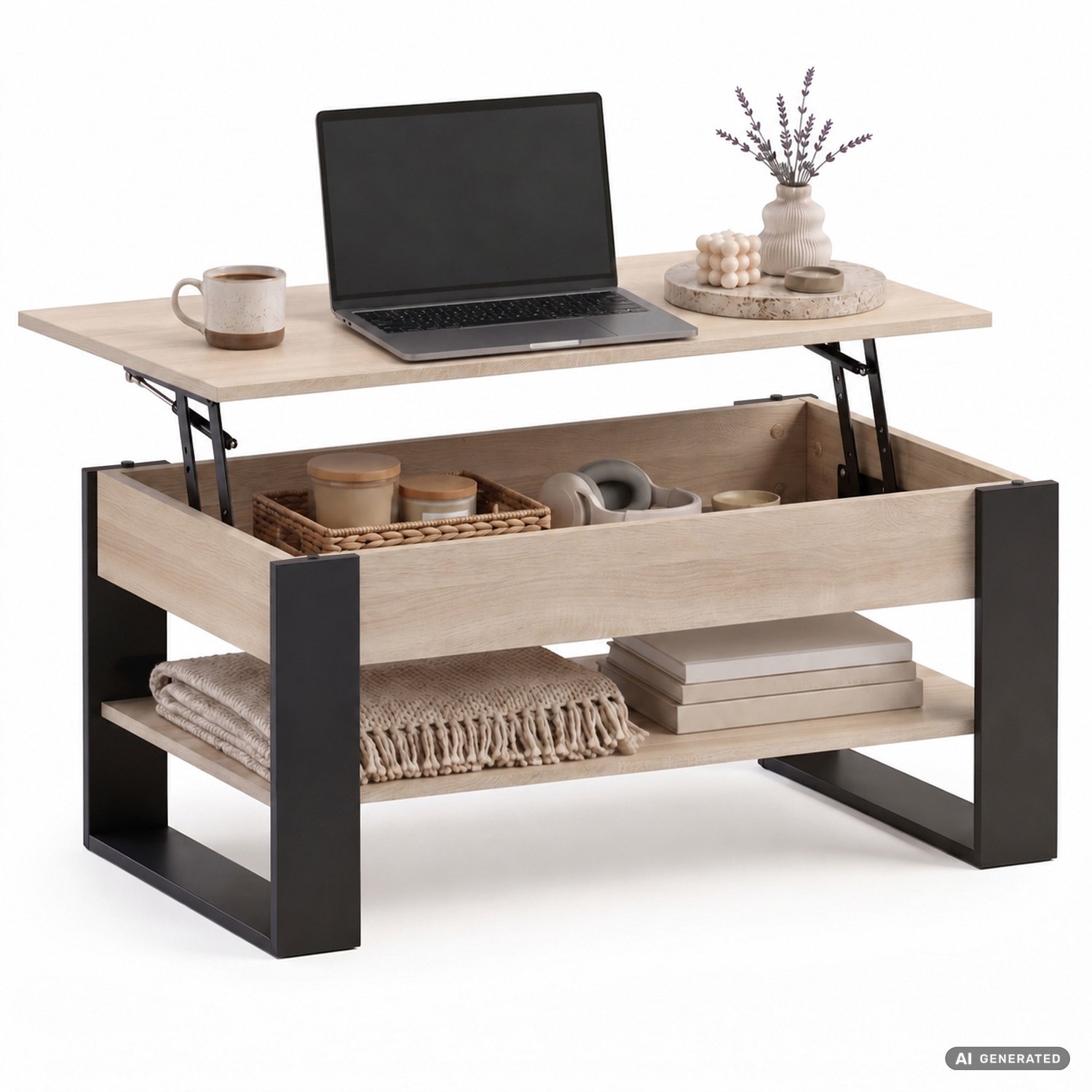 Akord Salontafel DENVER / Sonoma Eiken / 92 cm / Liftbaar Tafelblad / Opbergvak / Zwarte Poten / 92 x 52 x 45 cm