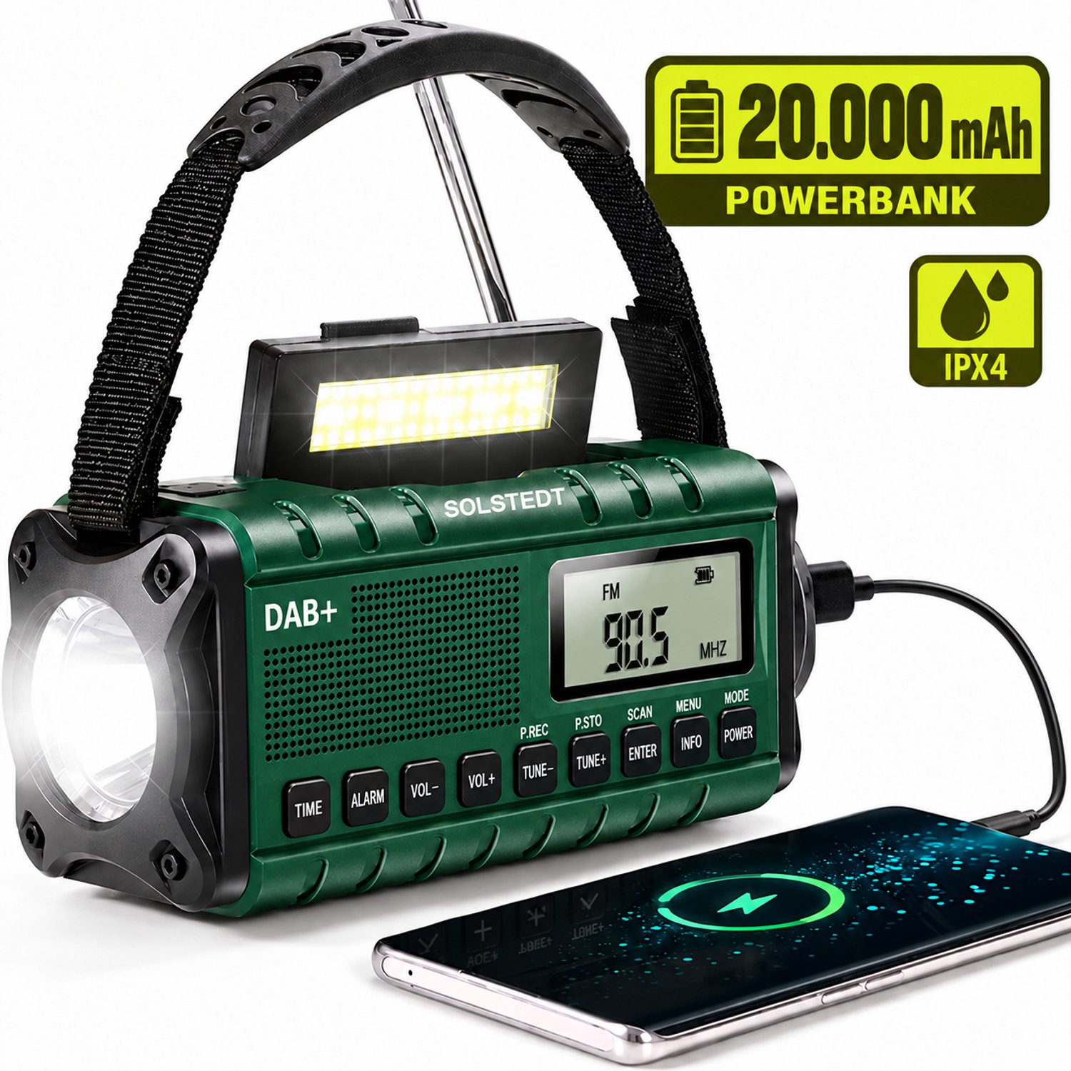 Solstedt® Noodradio - Altijd Overal Ontvangst - DAB+ - 20.000mAh - Noodradio Solar Opwindbaar - Met Krachtigste Powerbank - Noodradio Opwindbaar en Batterij - Draagbare Radio - Incl. Zaklamp - Noodpakket - USB Oplaadbaar - Groen