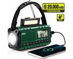 Solstedt® Noodradio - Altijd Overal Ontvangst - DAB+ - 20.000mAh - Noodradio Solar Opwindbaar - Met Krachtigste Powerbank - Noodradio Opwindbaar en Batterij - Draagbare Radio - Incl. Zaklamp - Noodpakket - USB Oplaadbaar - Groen