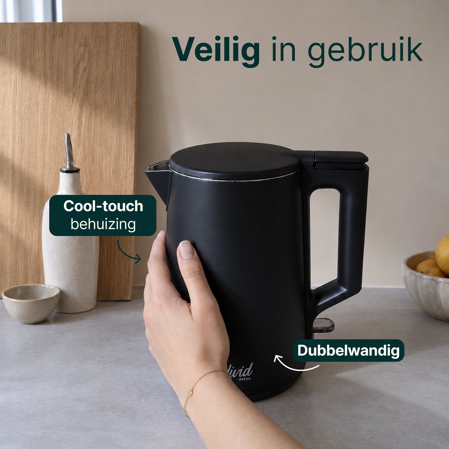 Vivid Green Waterkoker - 1.7L - Dubbelwandig - BPA-vrij - RVS - 2000W - Elektrisch - Zwart thumbnail 3