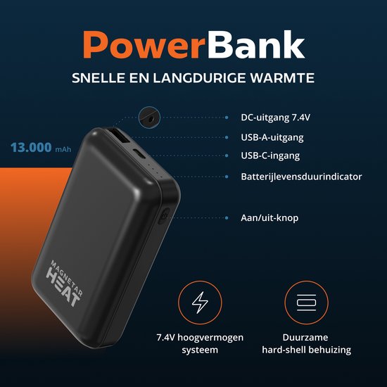 Zwarte 13.000 mAh Magnetar Heat powerbank met USB-A en USB-C poorten, aan/uit-knop en indicatielampjes.