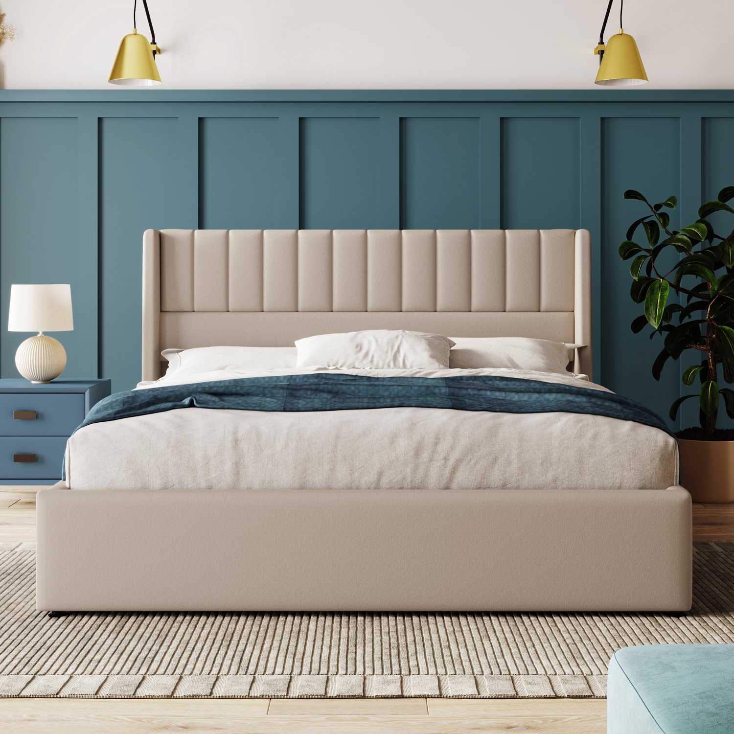 Vovtenza Opbergbed - gestoffeerd bed - hydraulisch tweepersoonsbed 160x200cm - lattenbodem van hout - bed met metalen lattenbodem - linnen - beige (inclusief matras)