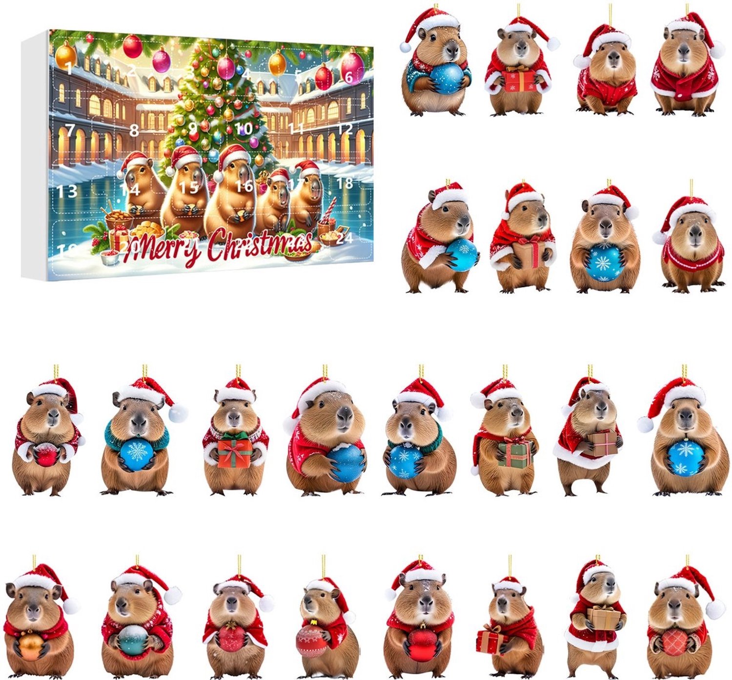 adventskalender - adventskalender kinderen - 24 stuks Kerstkalender met capibara - ornamenten - adventskalender rituals - adventskalenders - 24 stuks 2D acryl capibara kersthangers- kerstboomversiering