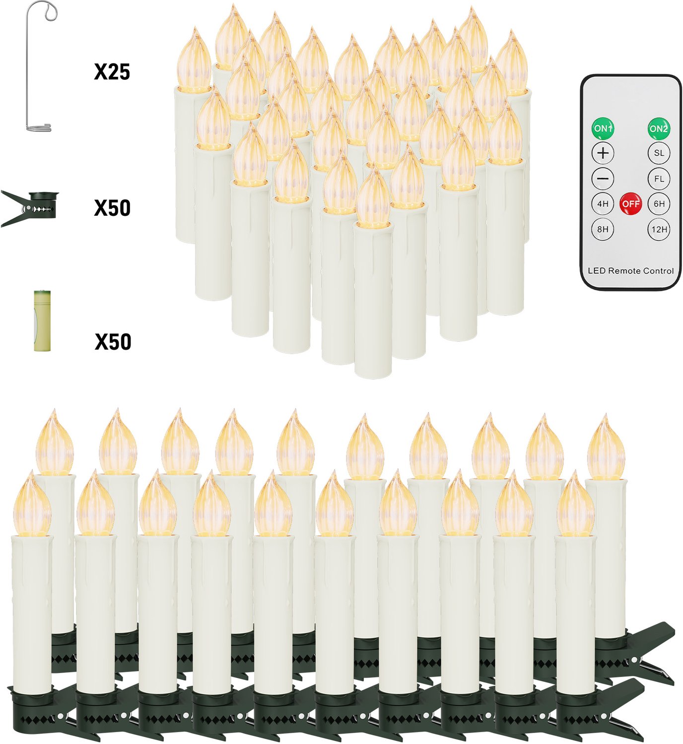 NAIZY LED Kaarsen 50 Stuks - Warm Wit - Kerstboomkaarsen met Clip - Timer & Afstandsbediening - IP44 - Batterijen Inbegrepen - NAIZY Warm wit licht