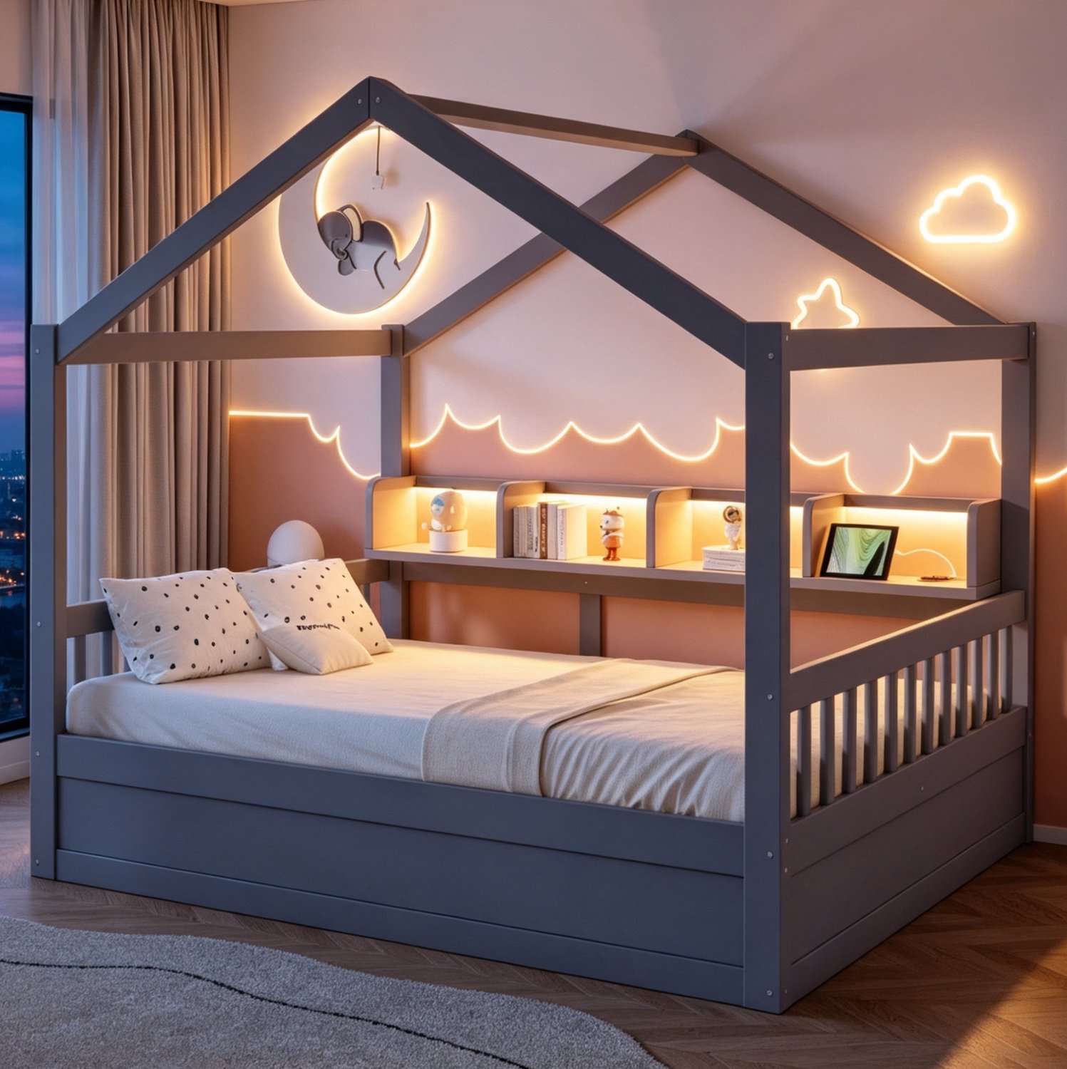 OKWISH Houten Bed 140x200 cm - Huisbed met Dakvormig Frame en Hekjes - Hydraulische Opbergruimte - Verlichting en Stopcontacten - Grijs