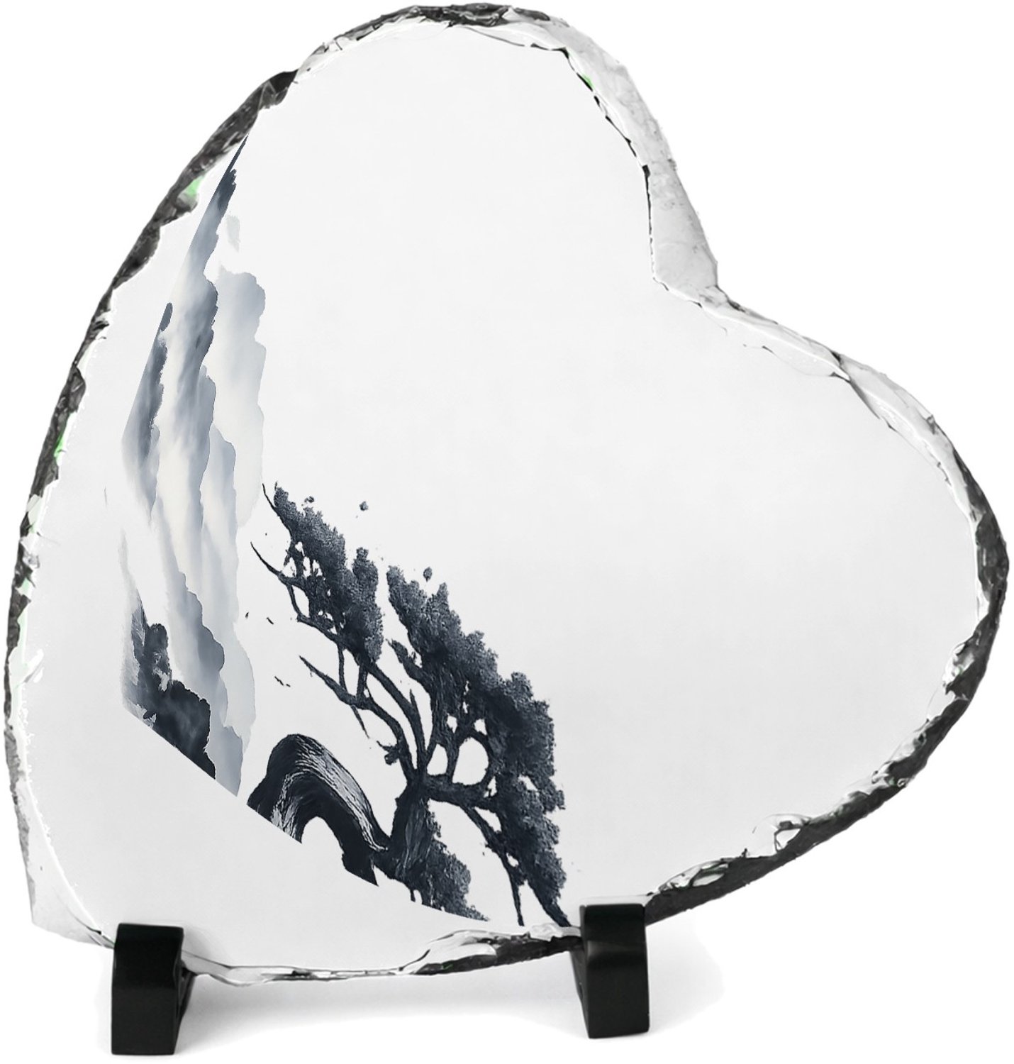 Mr Cadeautjes Leisteen hart 14 x 14 - design Elegante bospaadjes in mist met een enkele kromme den als bl | cadeau Wit