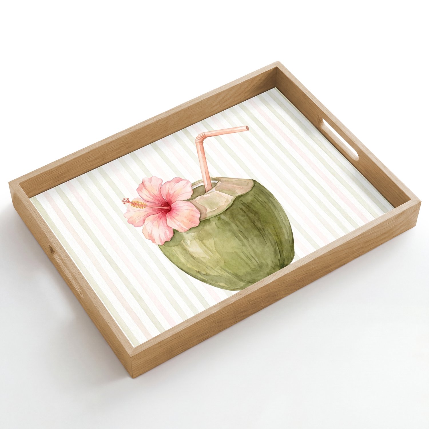 Dienblad hout 50x35 cm - Schootdienblad - Kokosnoot - Drank - Tropisch - Illustratie - Zomer - Borrelplank rechthoek - Plateau dienbladen