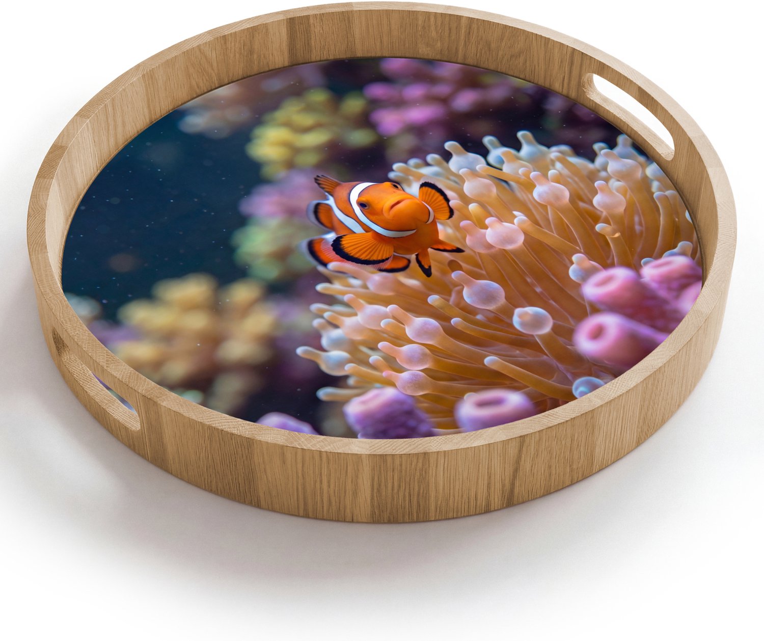 Dienblad rond 40x40 cm - Schootdienblad hout - Vis - Koraal - Onderwater - Oranje - Dieren - Borrelplank rechthoek - Plateau houten dienbladen