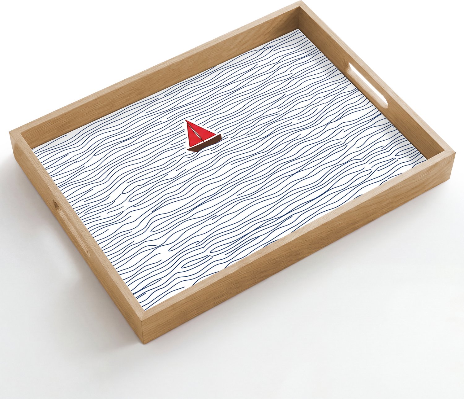 Dienblad hout 50x35 cm - Schootdienblad - Boot - Water - Rood - Illustratie - Minimalistisch - Borrelplank rechthoek - Plateau dienbladen