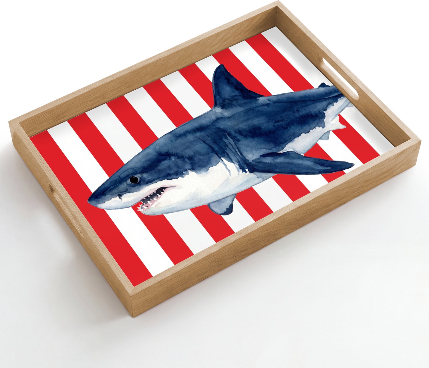 Dienblad hout 50x35 cm - Schootdienblad - Vis - Haai - Zee - Illustratie - Blauw - Borrelplank rechthoek - Plateau dienbladen