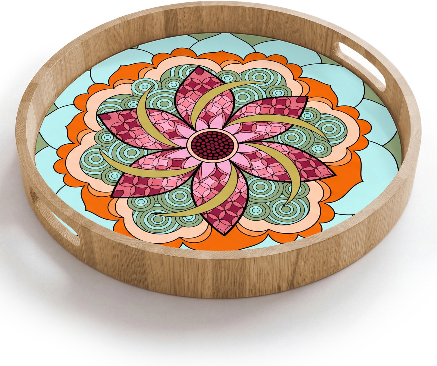 Dienblad rond 40x40 cm - Schootdienblad hout - Mandala - Geometrisch - Kunst - Decoratief - Kleurrijk - Borrelplank rechthoek - Plateau houten dienbladen
