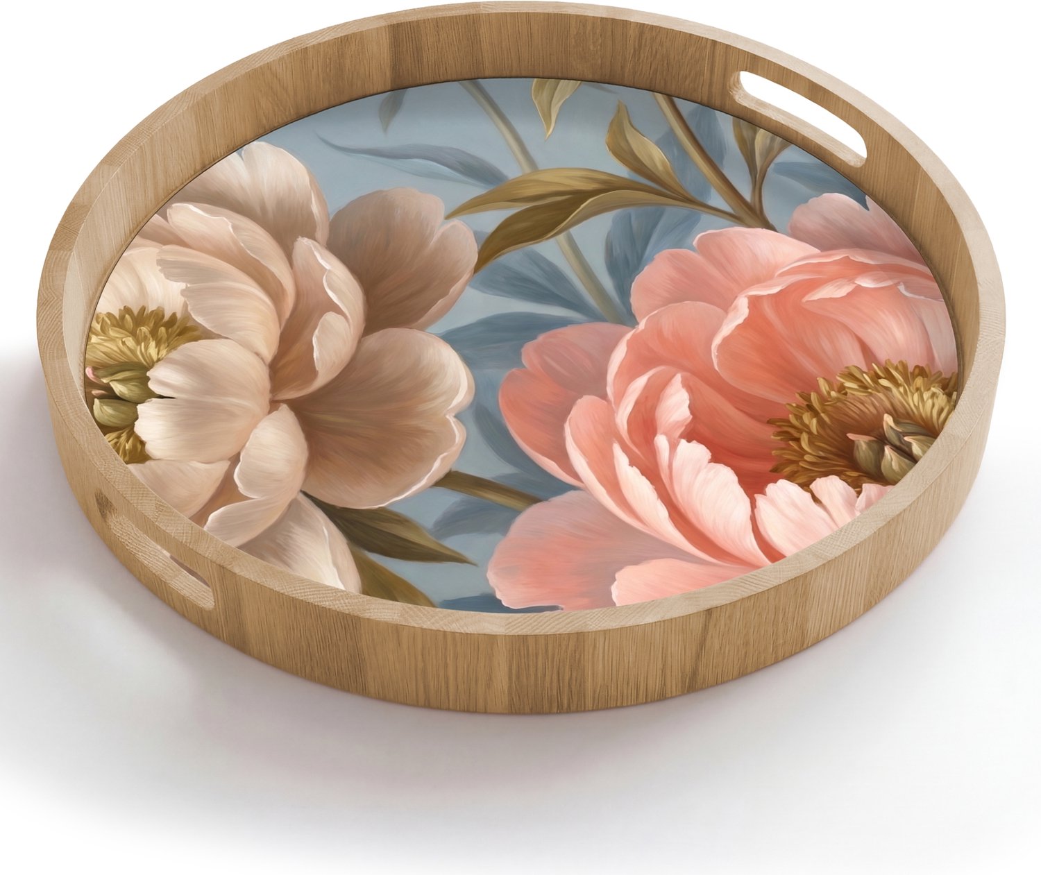 Dienblad rond 50x50 cm - Schootdienblad hout - Bloemen - Roze - Beige - Modern - Natuur - Borrelplank rechthoek - Plateau houten dienbladen