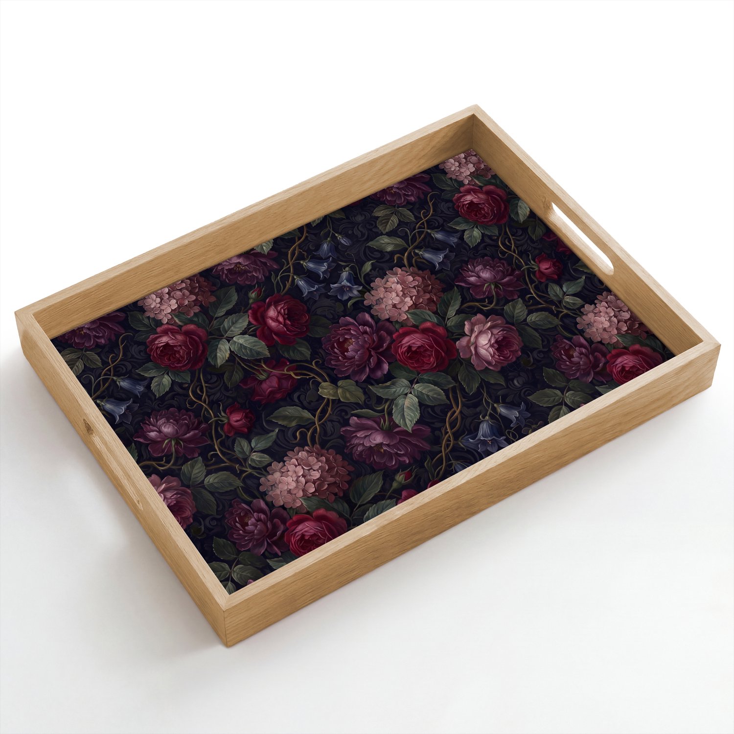 Dienblad hout 50x35 cm - Schootdienblad - Bloemen - Rood - Klassiek - Donker - Patroon - Borrelplank rechthoek - Plateau dienbladen