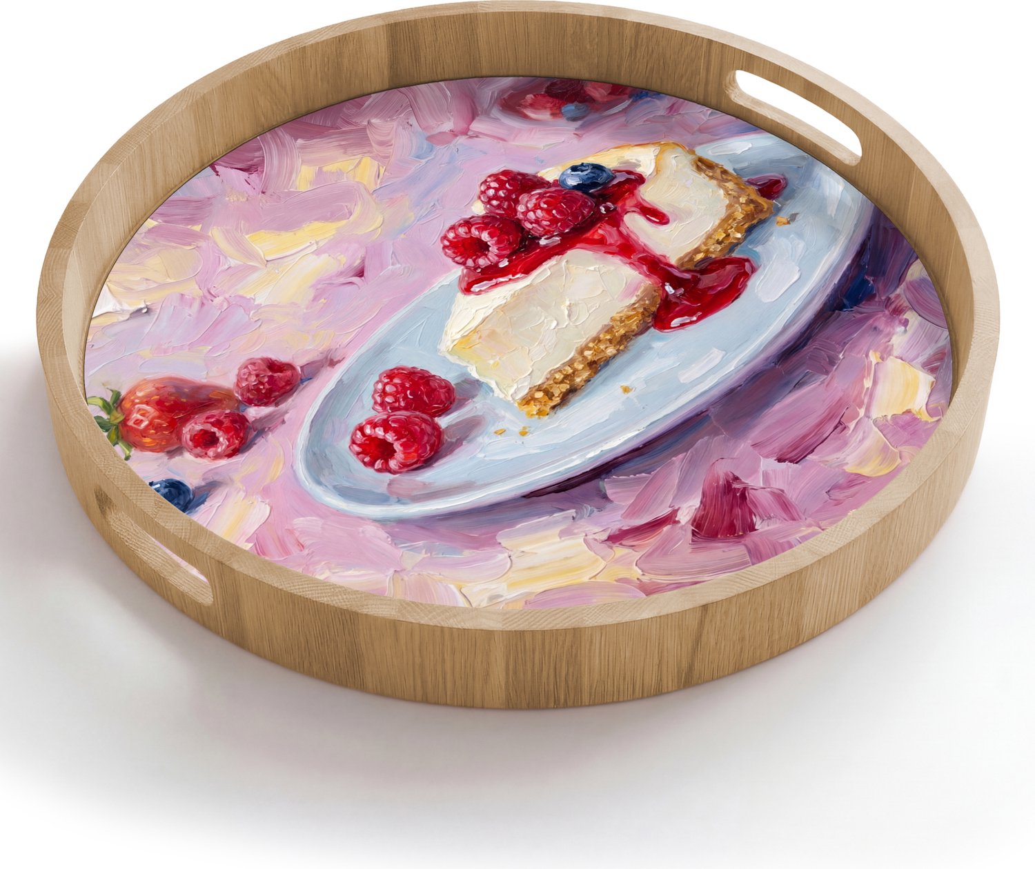 Dienblad rond 50x50 cm - Schootdienblad hout - Eten - Cheesecake - Bessen - Abstract - Roze - Borrelplank rechthoek - Plateau houten dienbladen