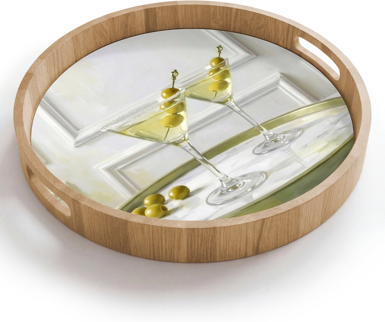 Dienblad rond 40x40 cm - Schootdienblad hout - Drank - Martini - Olijven - Modern - Wit - Borrelplank rechthoek - Plateau houten dienbladen