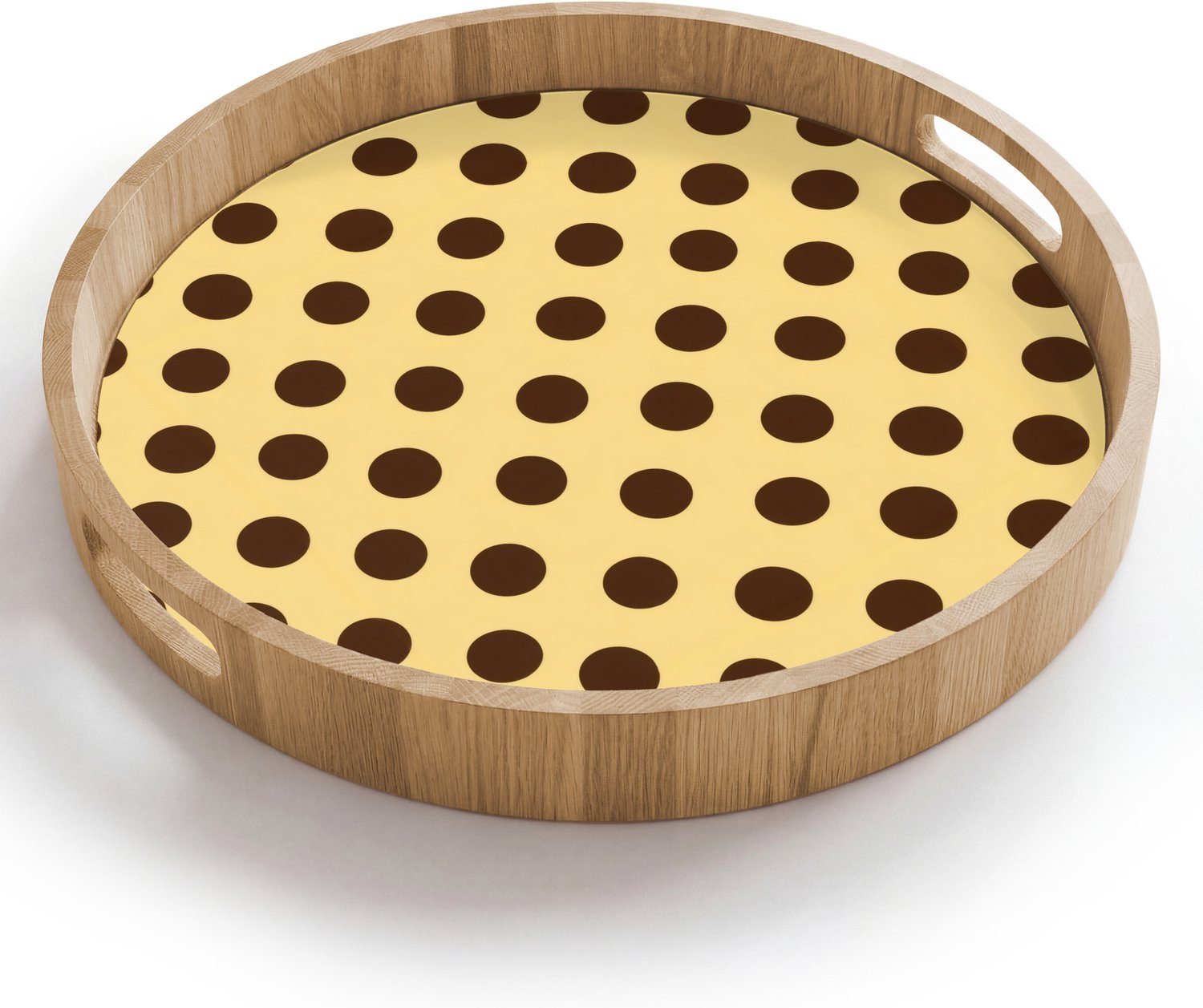 Dienblad rond 40x40 cm - Schootdienblad hout - Polka Dot - Stippen - Retro - Geel - Bruin - Borrelplank rechthoek - Plateau houten dienbladen