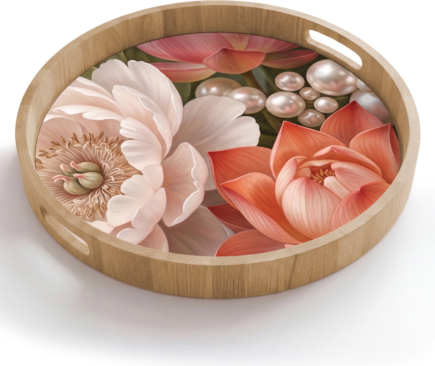 Dienblad rond 50x50 cm - Schootdienblad hout - Bloemen - Parels - Elegant - Roze - Wit - Borrelplank rechthoek - Plateau houten dienbladen