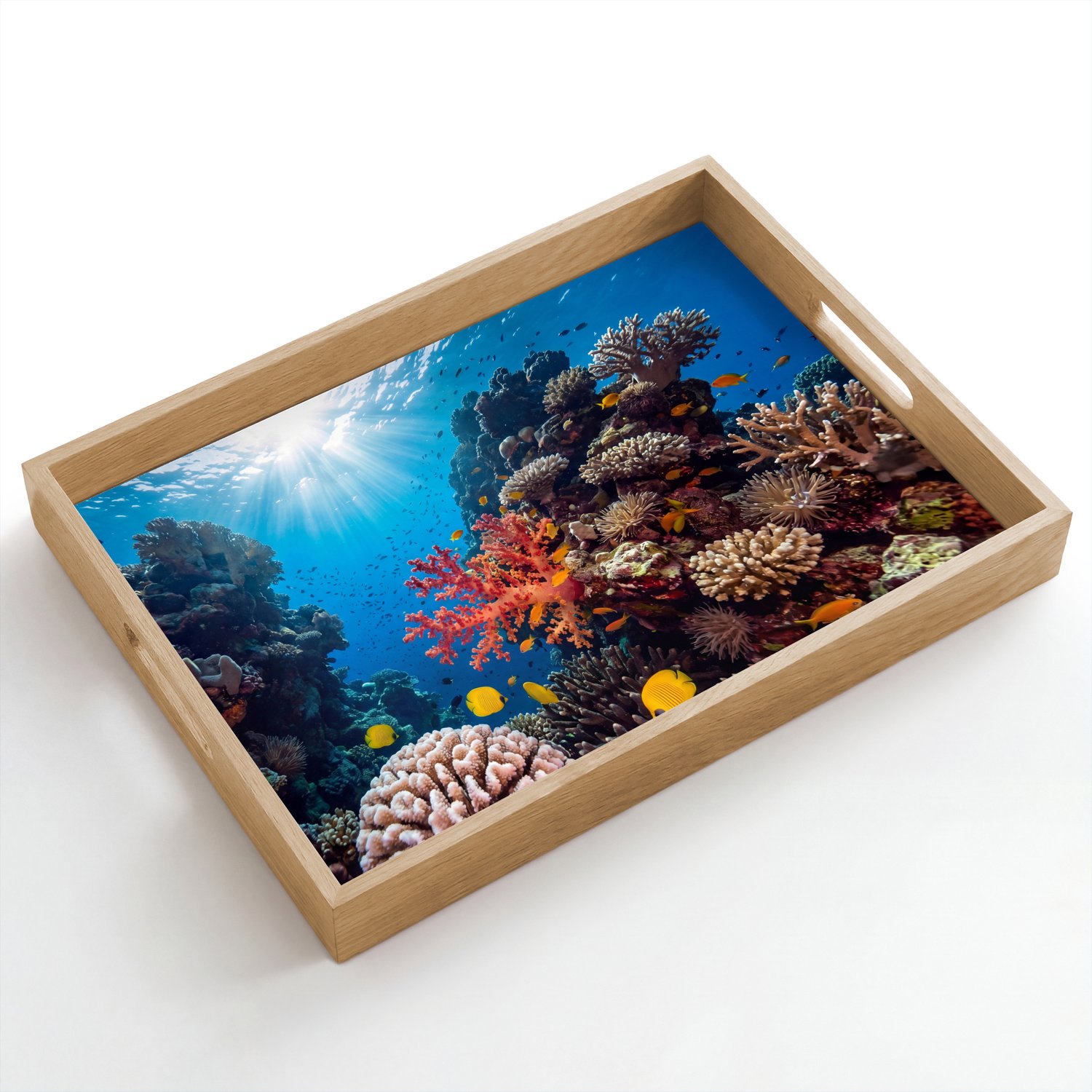 Dienblad hout 50x35 cm - Schootdienblad - Zee - Koraalrif - Natuur - Levendig - Blauw - Borrelplank rechthoek - Plateau dienbladen