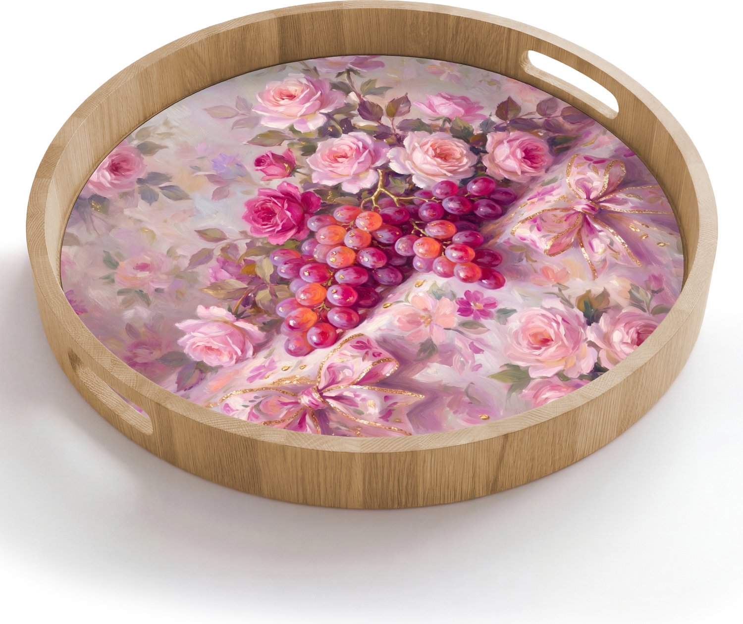 Dienblad rond 50x50 cm - Schootdienblad hout - Eten - Bloemen - Stilleven - Roze - Goud - Borrelplank rechthoek - Plateau houten dienbladen