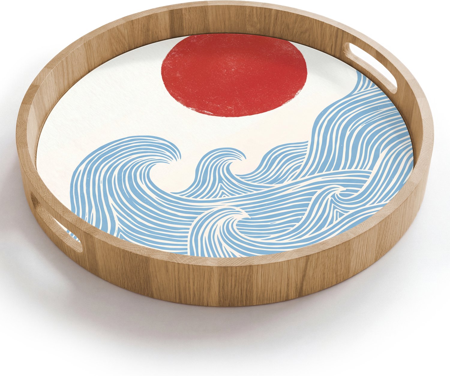 Dienblad rond 40x40 cm - Schootdienblad hout - Zon - Golven - Oceaan - Abstract - Rood - Borrelplank rechthoek - Plateau houten dienbladen