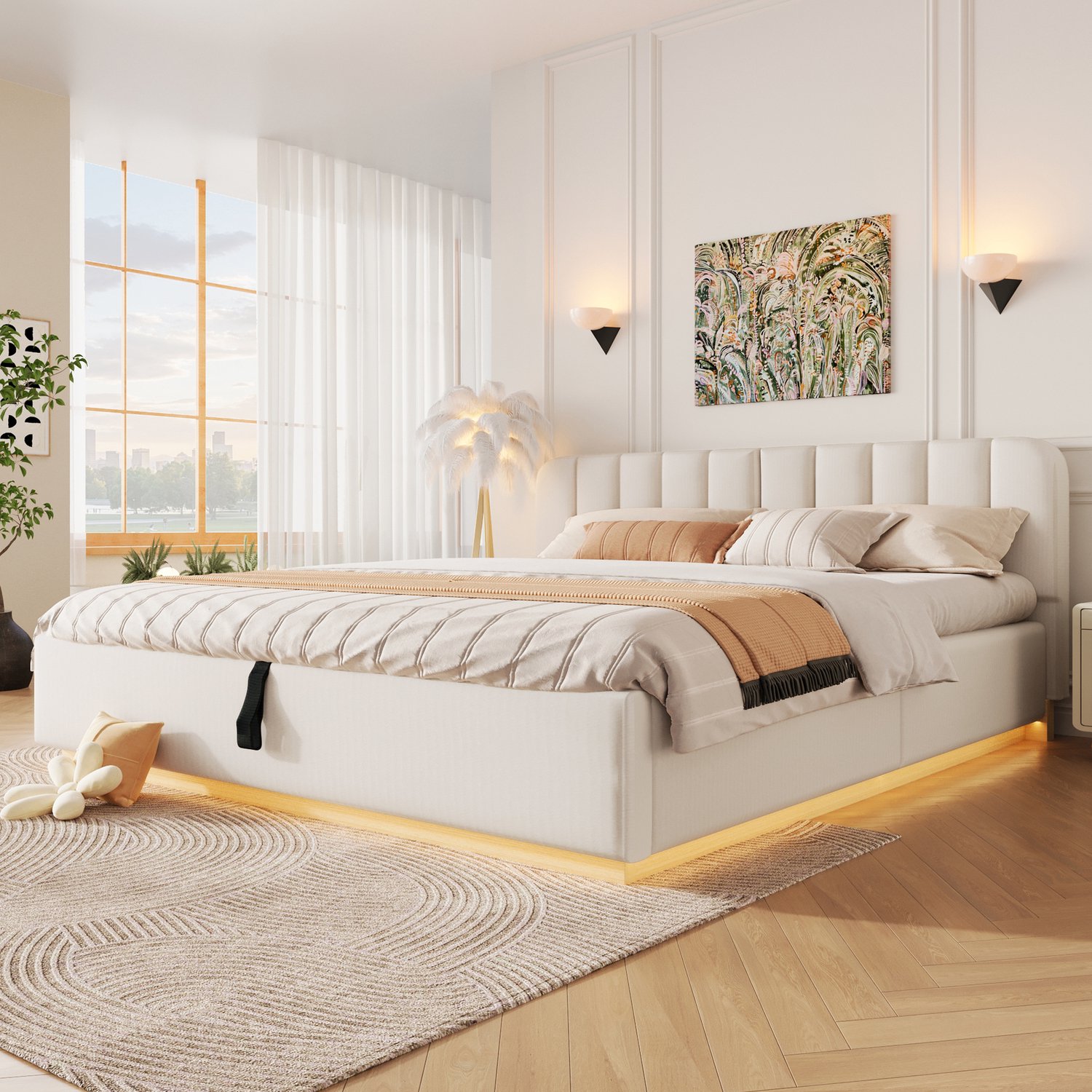 MIVRAY Gestoffeerd Tweepersoonsbed 180x200cm - Met Lattenbodem en Hydraulische Opbergruimte - Ledverlichting - Zonder Matras - Chenille - Beige