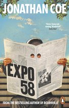 Boekomslag Expo 58 van Jonathan Coe met een persoon die achter een krant met uitgesneden kijkgaten zit.