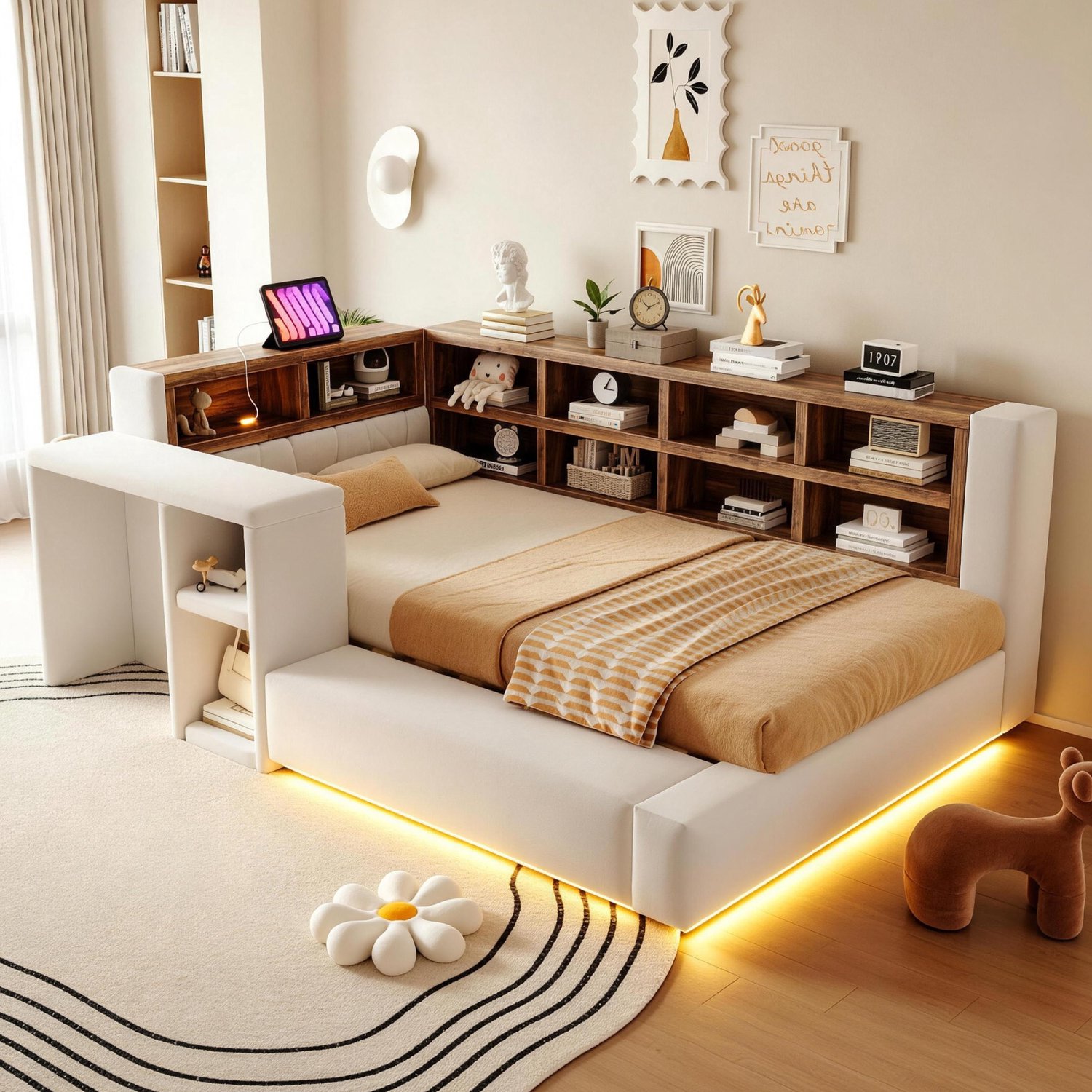 Wishdor Eenpersoonsbed 90x200 cm - Gestoffeerd hoofdbord met open opbergvakken - Verstelbare LED-verlichting en stopcontacten - Zijbank met zitruimte en opbergplek - Fluwelen stof, MDF en multiplex - Beige