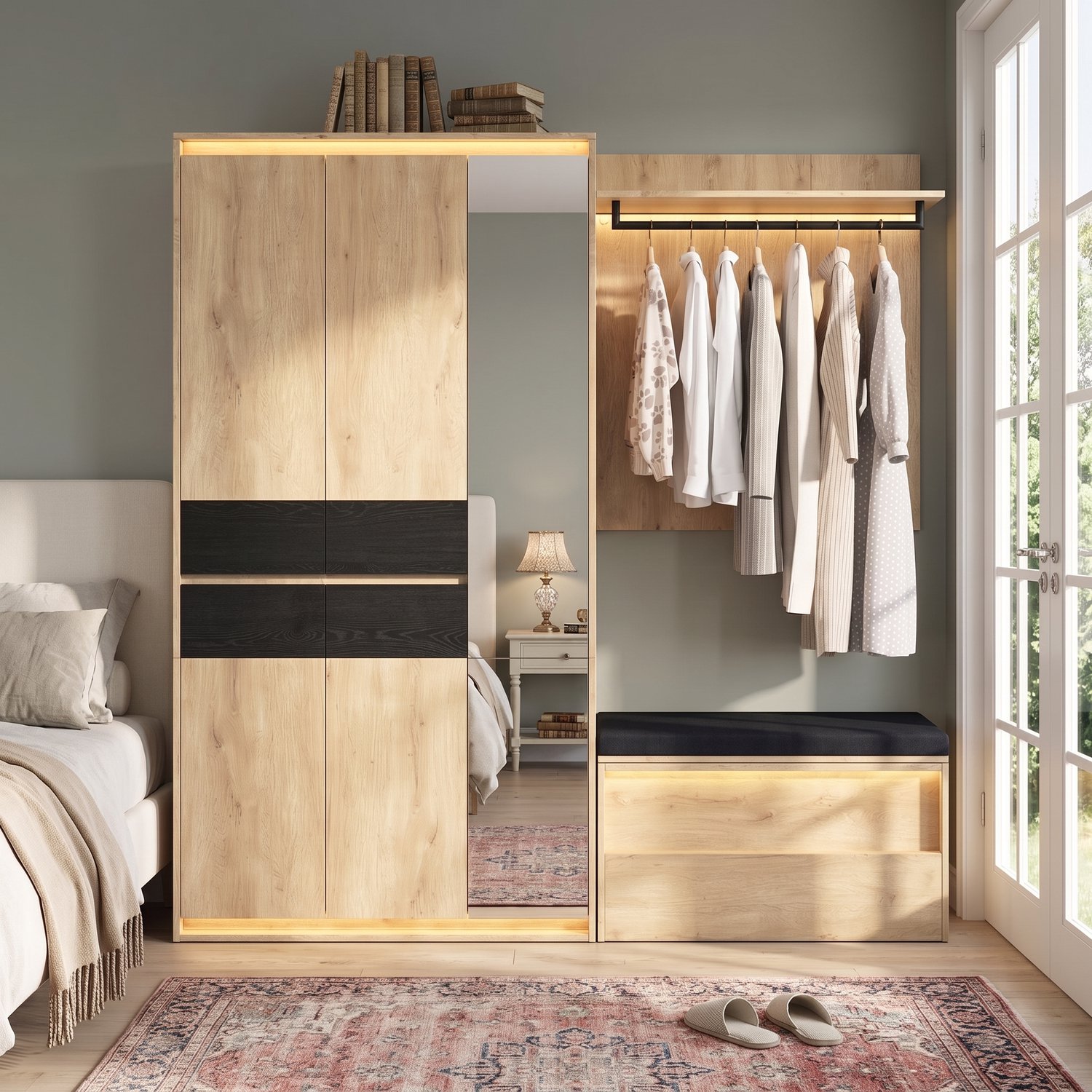 Clruro Kledingkast - 200×47×200 cm - Spiegel en LED - 4 Laden - MDF - Antraciet/Eikenkleur Hout
