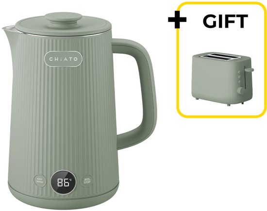 Lichtgroene geribbelde CHiATO waterkoker met digitaal display, inclusief een gratis broodrooster als cadeau.