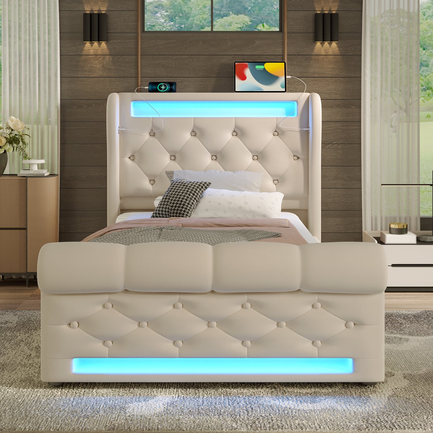 MUVANO Eenpersoonsbed 90x200 met matras - Opbergbed met hydraulische lift - Ledverlichting en USB-C - Fluwelen bekleding - Voor slaapkamer - Beige