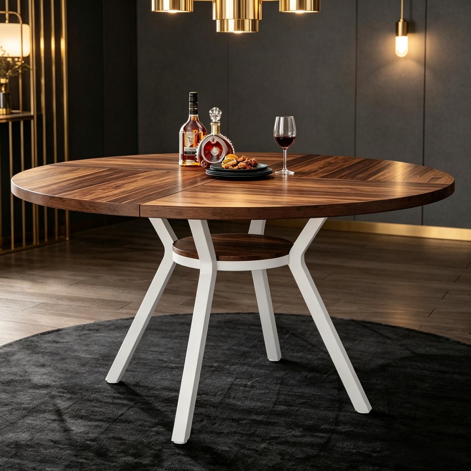 STILVORA Eettafel - Rond Tafelblad met Onderste Legplank - Voor Eetkamer en Keuken - Hout en Metaal - 120x120x76 cm - Bruin en Wit
