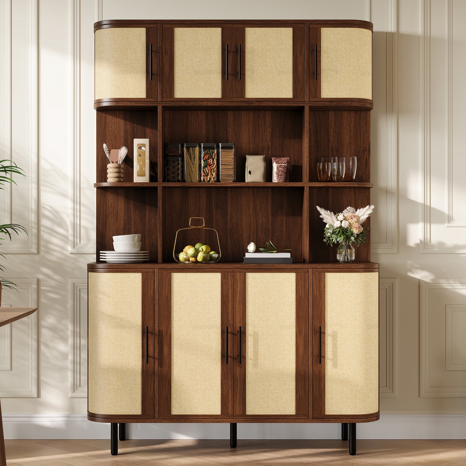 Wishdor Dressoir - Acht deuren en open middenvak - Gevlochten fronten met zwarte grepen - Modern ontwerp - Woonkamer eetkamer hal - MDF kast met ijzeren poten - Walnootkleur - 120 x 20 x 180 cm Walnootbruin