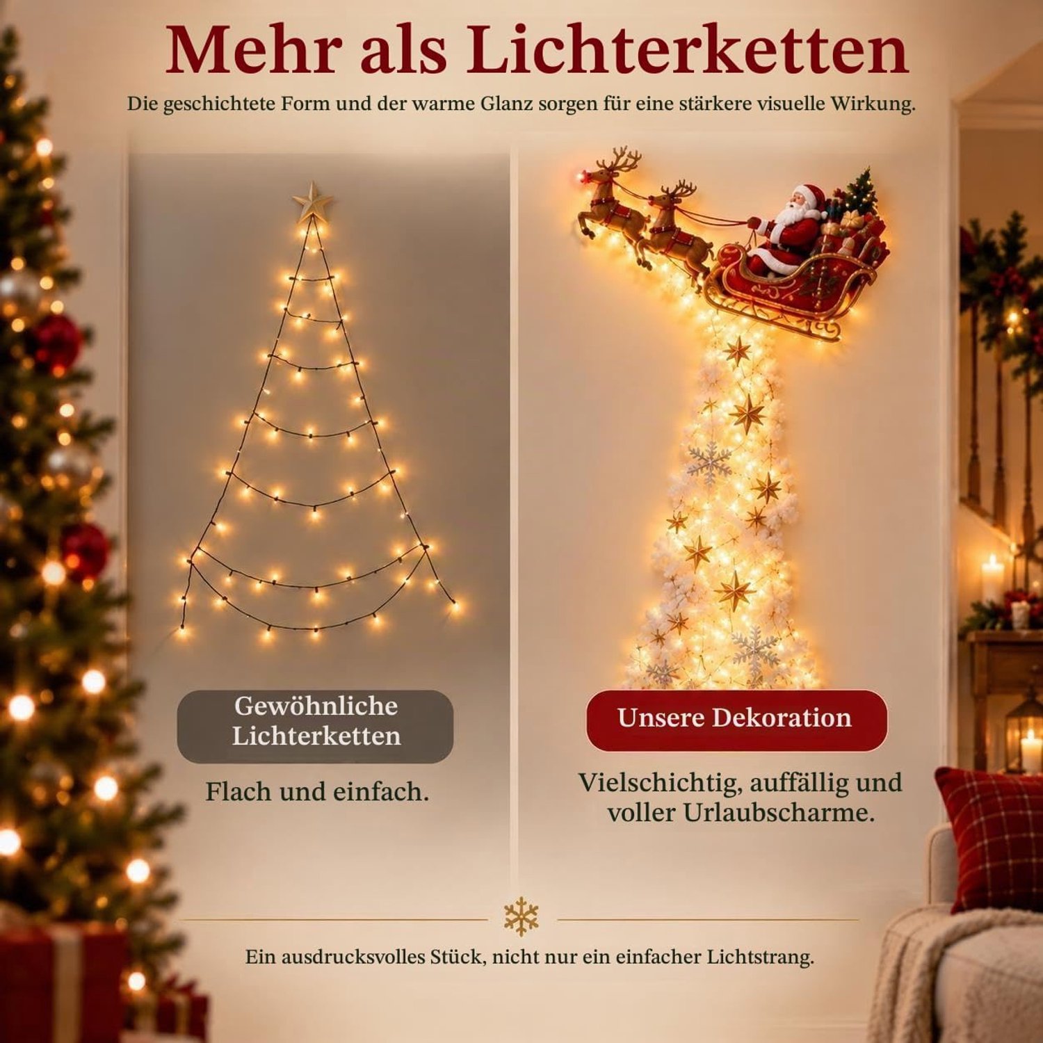 Kerst Magic Trail wandlamp, kerstman slee rendier hangende decoratie met warm witte led, 3D ster en sneeuwvlok, indoor vakantie decoratie voor woonkamer, feestelijk kerstcadeau 60cm – foto 4