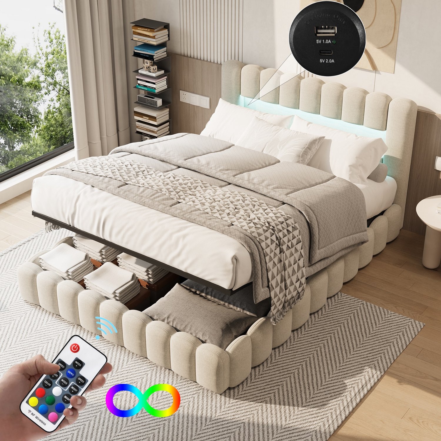ROSAHQNDA Gestoffeerd bed 160x200, Bubbelbed met hydraulische opbergruimte, USB-oplaadfunctie en LED-verlichting, tweepersoonsbed, de onderkant van het bedframe is afgedicht, kinderbed, grijs linnen, zonder matras Beige