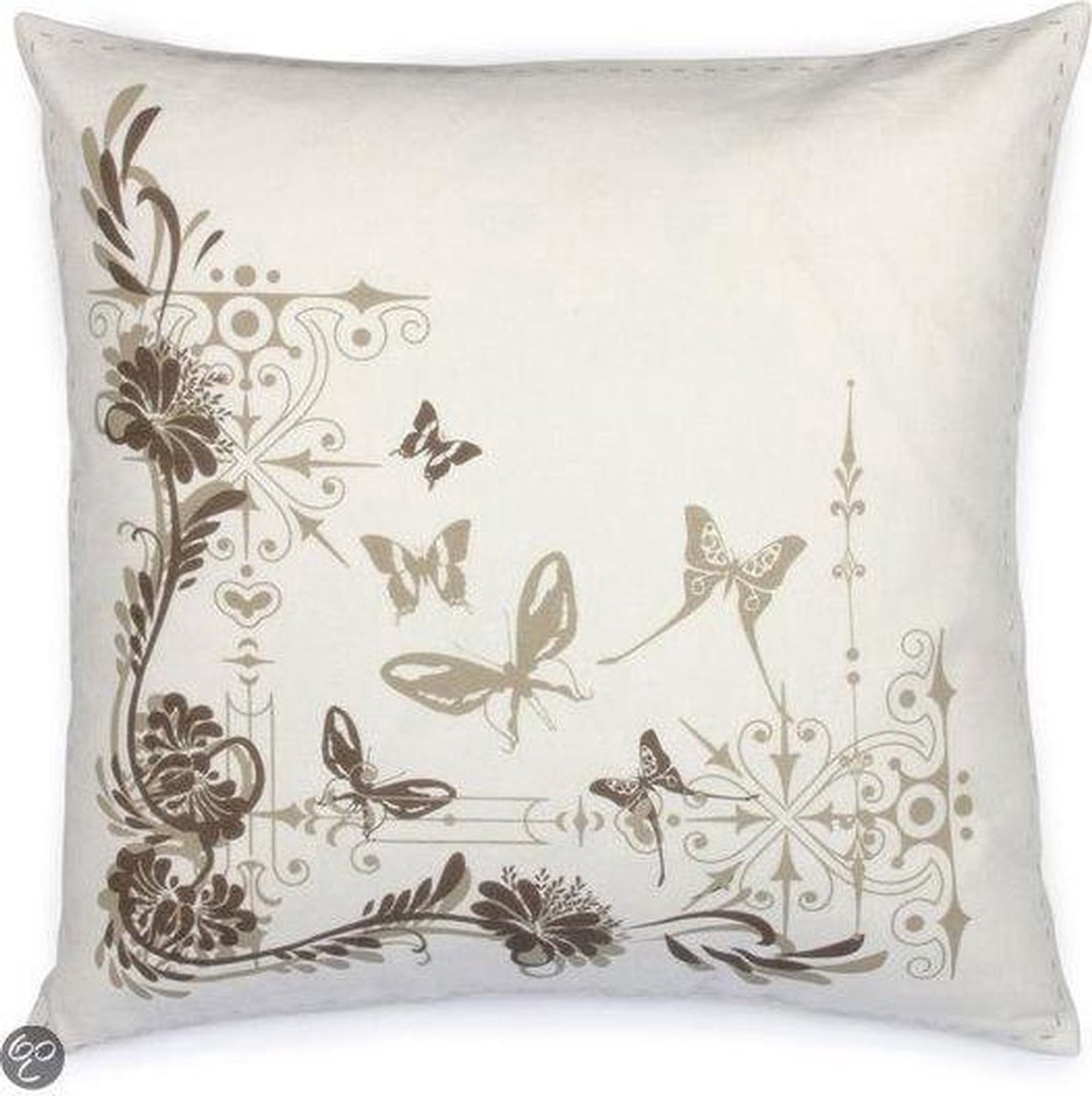 Dutch Decor Kussenhoes Cascavel - 50x50 cm - 100% katoen - wit - bruin - sierlijk - vlinders - met rits - zonder binnenkussen