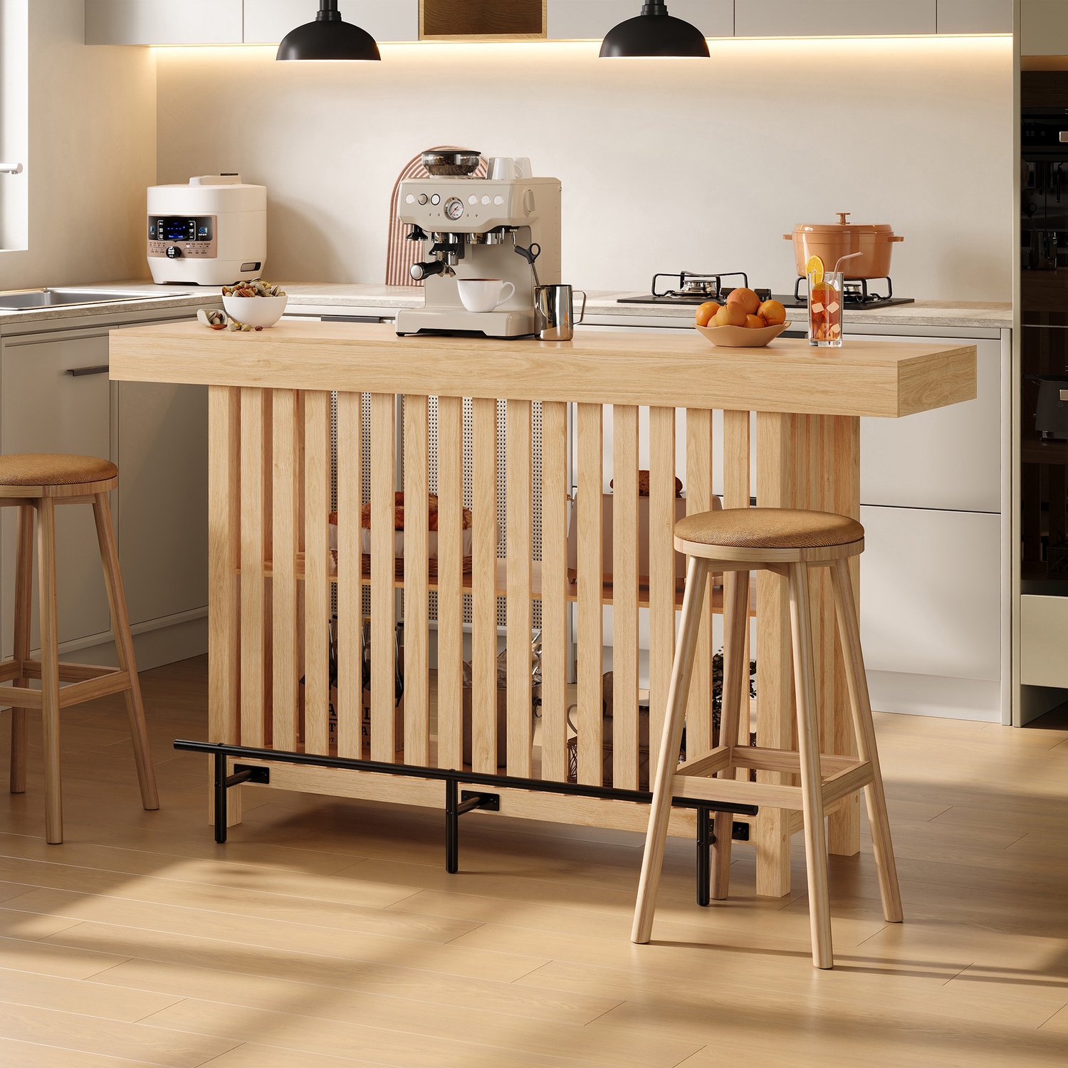 HAUSS SPOLE Bartafel - Met Voetensteun En Tweelaags Opbergrek - Voor Keuken En Eetkamer - MDF In Natuurlijke Houtkleur - 160x40x105 cm Naturel