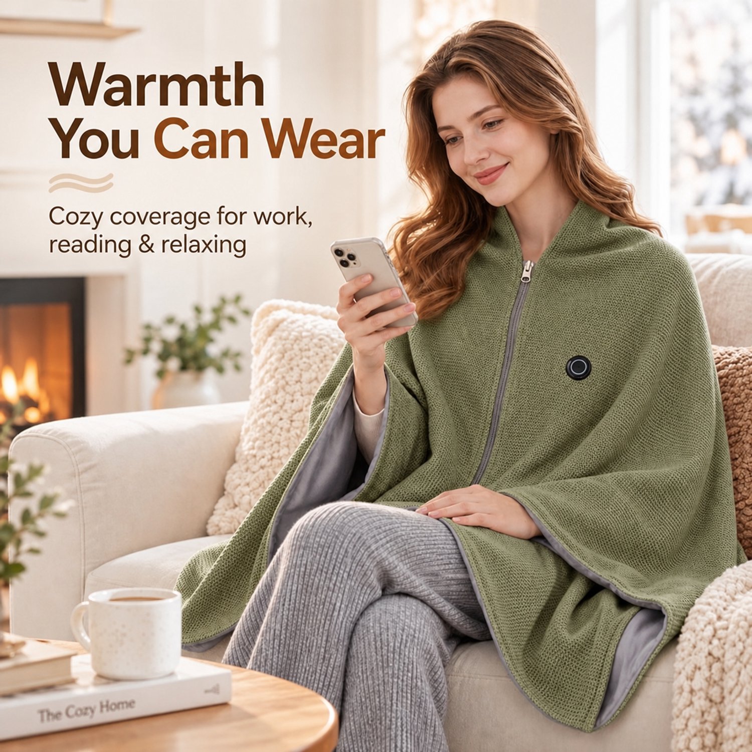 Ryoudavell - Draagbare Verwarmingsdeken Dames USB, 150x80cm Omslagdoek/Poncho met Rits, Gerichte Warmte voor Nek, Schouders, Rug en Benen - Zachte Synthetische Stof, Olijfgroen, voor Thuis, Kantoor, Reizen, Powerbank Niet Inbegrepen – foto 7