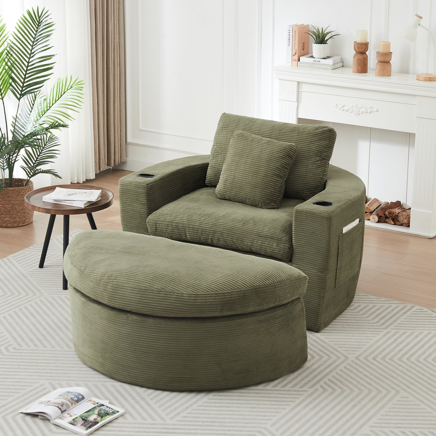 OKWISH Relaxfauteuil 136 x 156 x 88 cm - Rond Model met Losse Voetenbank, Bekerhouders en Zijvakken - Voor de Woonkamer - Ribstof - Groen